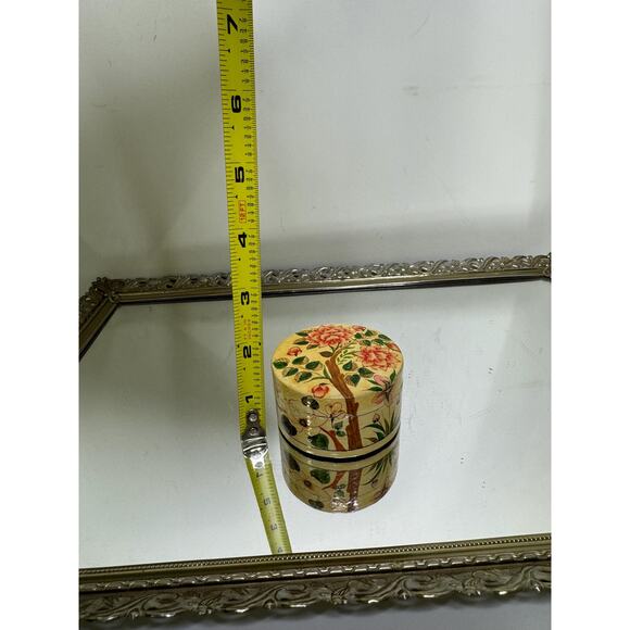 Small Round Floral Hand Painted Paper Mache Trinket Box - Picture 6 of 9